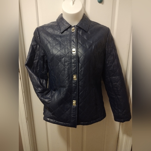 Vintage Chadwicks 💙 Blue Leather Quilted Jacket Coat Sz L - Picture 2 of 9
